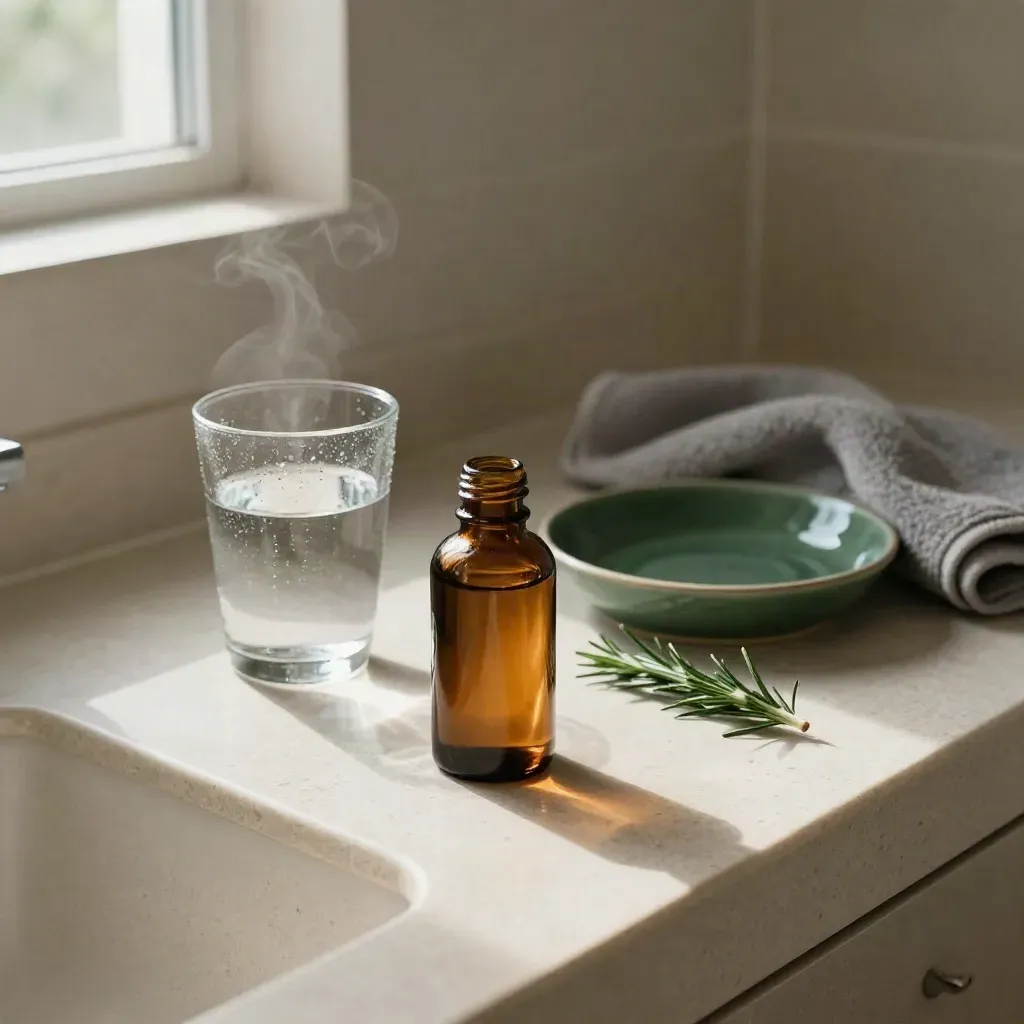 Amber herb bottle, water cup, dish, towel, and rosemary on a bathroom counter