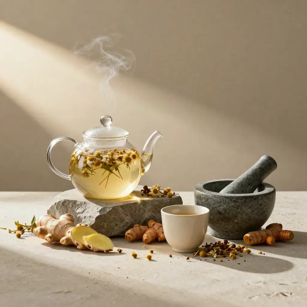 Chamomile teapot, ginger, turmeric, blossoms, cup, and mortar on a pale plaster counter.