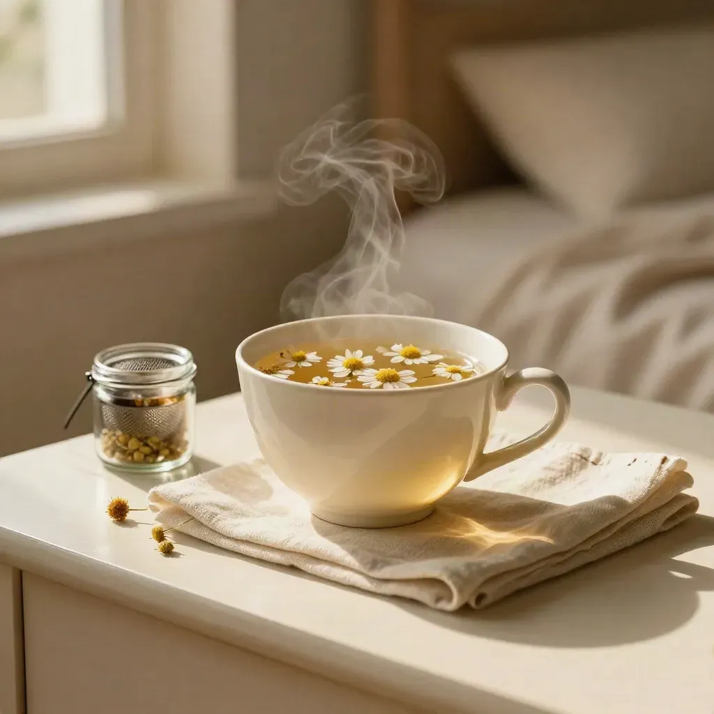 Chamomile tea on a cream bedside table with blossoms, infuser, dried flowers and linen