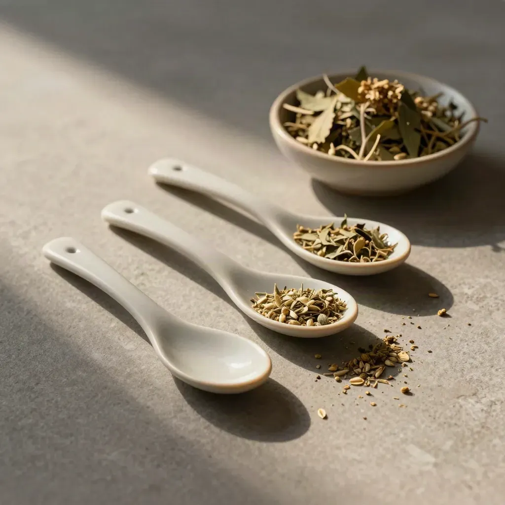 Overhead still life of ceramic spoons, dried herbs and a pinch pile on stone with warm gold light.