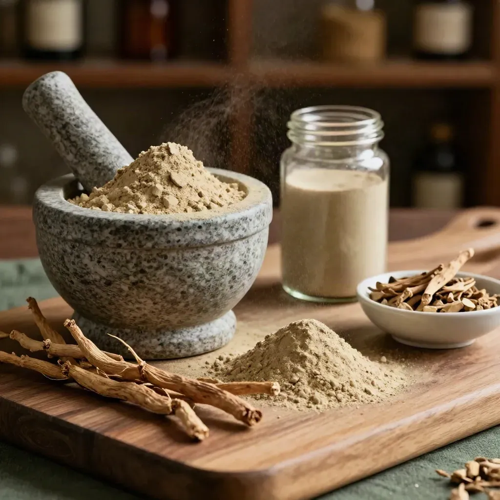 Ashwagandha roots ground in a stone mortar beside a capsule jar and bowl
