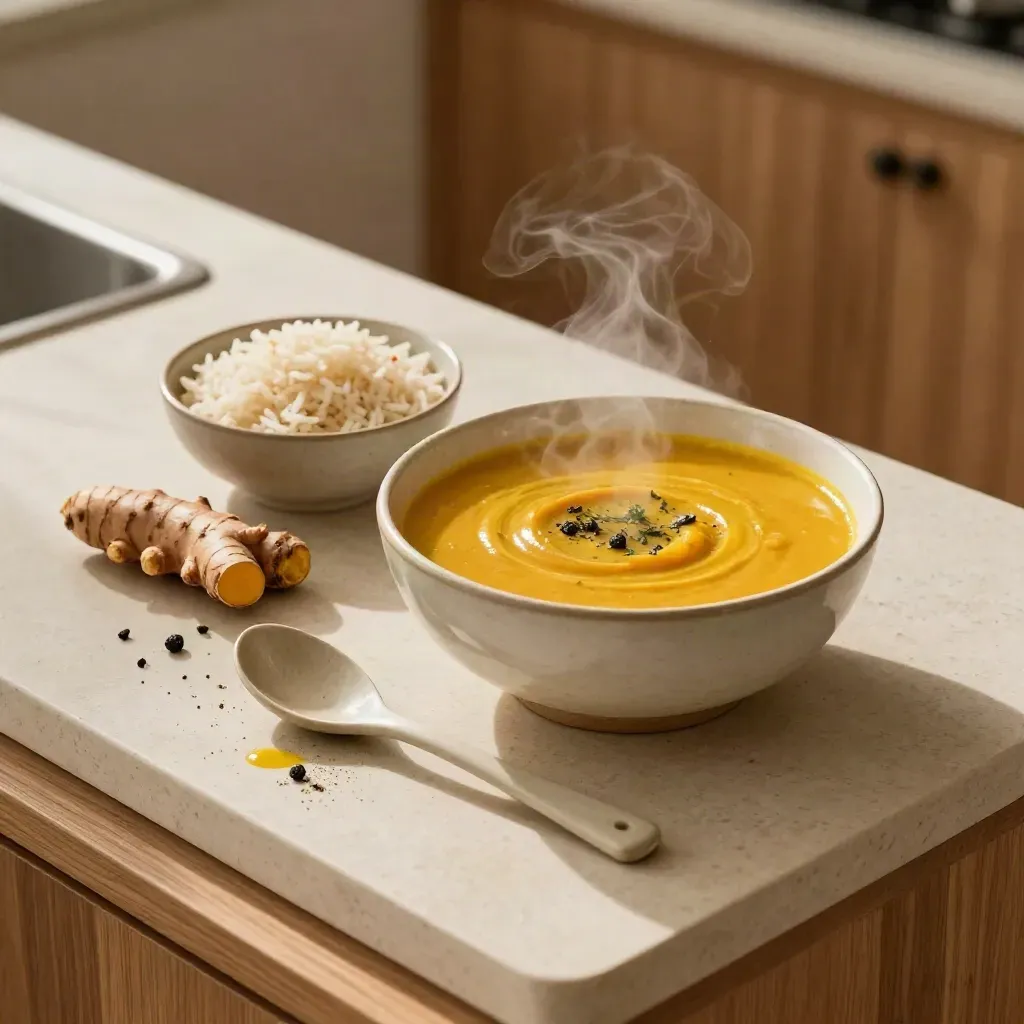 Overhead turmeric soup with rice, root, pepper and spoon on pale stone in warm kitchen light