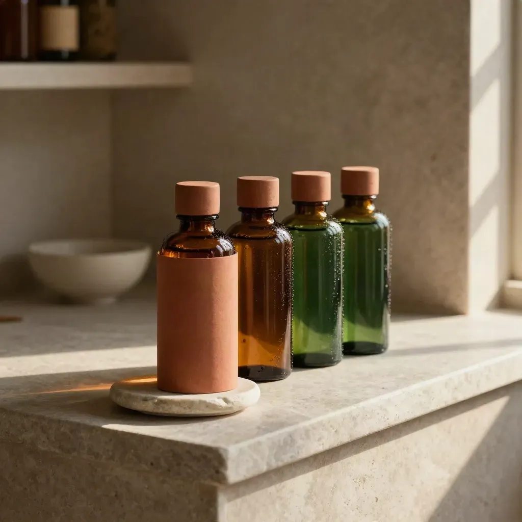Amber herb bottles and a stone dish lined up on a moody counter in raking light.