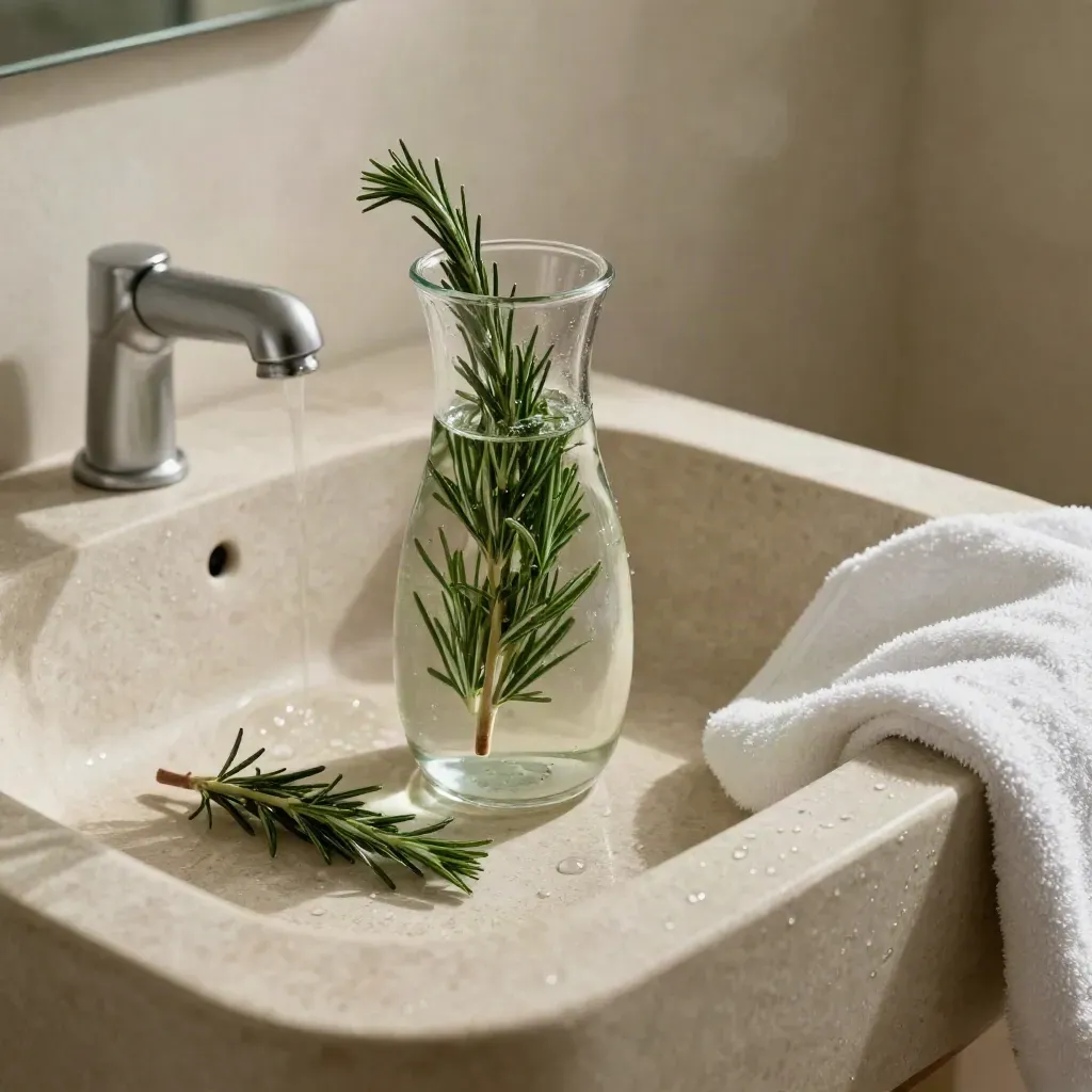 Rosemary rinse in a stone sink with a glass jug, damp sprigs, towel, and steam