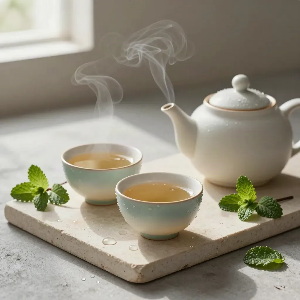 Overhead view of two steaming peppermint tea cups with a teapot and mint sprigs on pale stone.