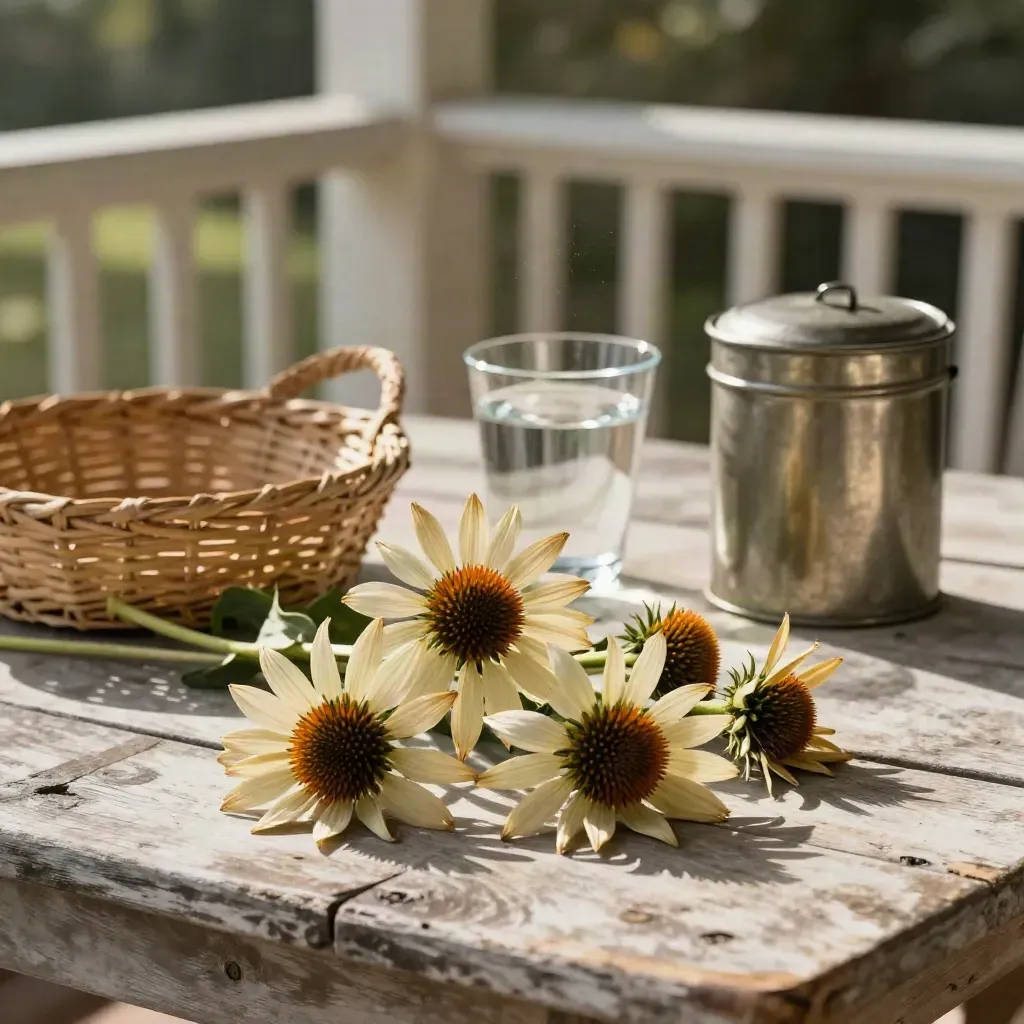 Drying echinacea blooms, basket, water cup, and herb tin on a sunlit porch table.
