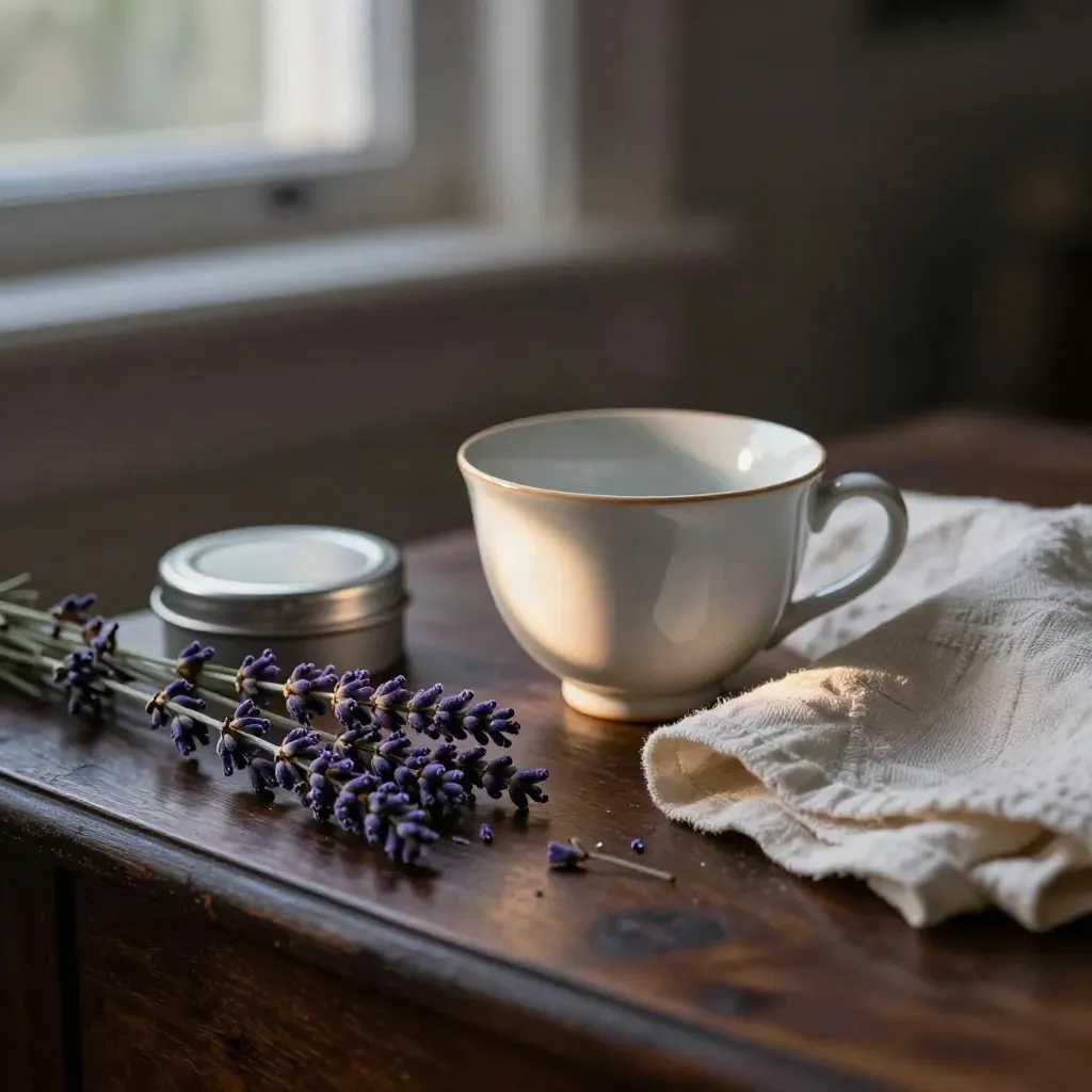 Lavender sprigs beside a ceramic tea cup, tin, and folded linen on a bedside table