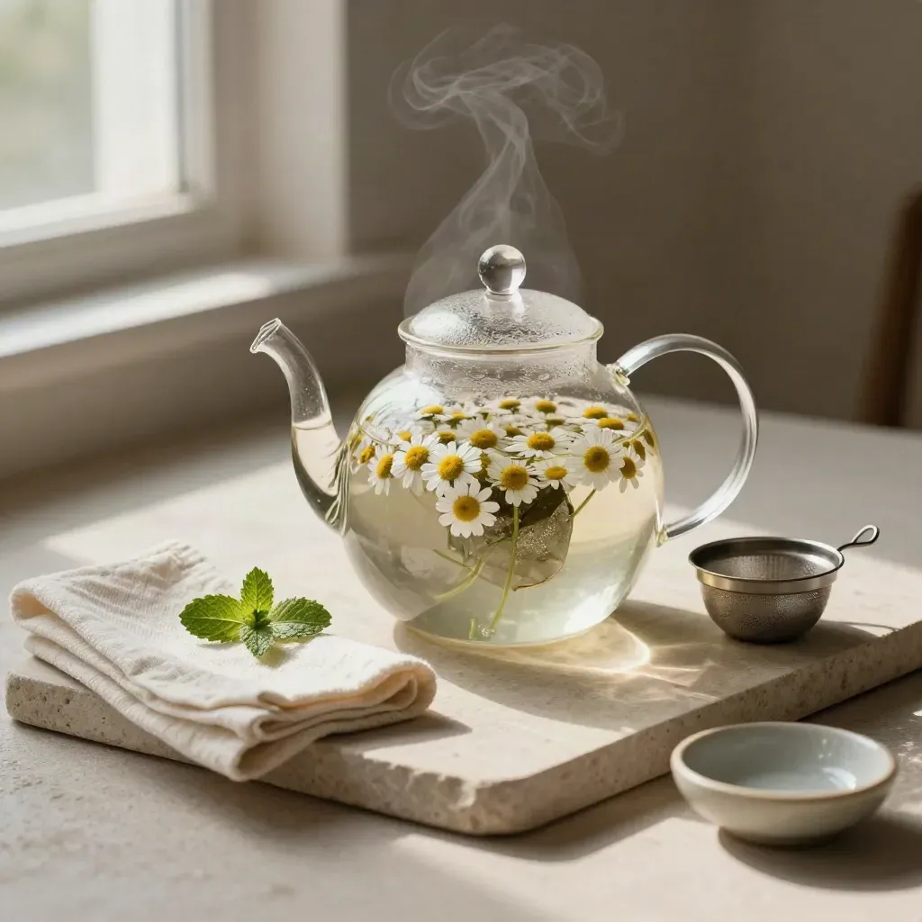 Glass teapot with chamomile, mint sprig, cloth, and dish on a stone tray