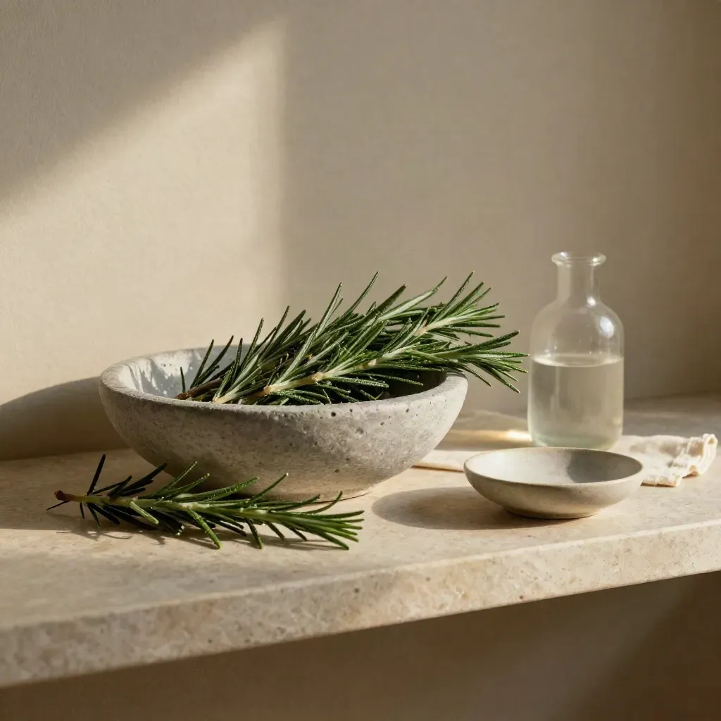 Rosemary in stone bowl with linen, ceramic dish, and glass vial on a limestone shelf