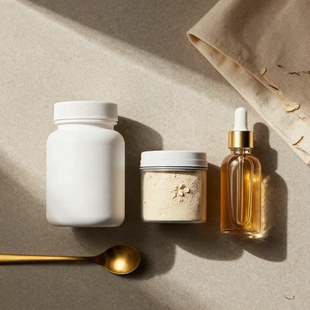 Overhead flatlay of capsule jar, powder tin, tincture bottle, spoon, and cloth on stone.
