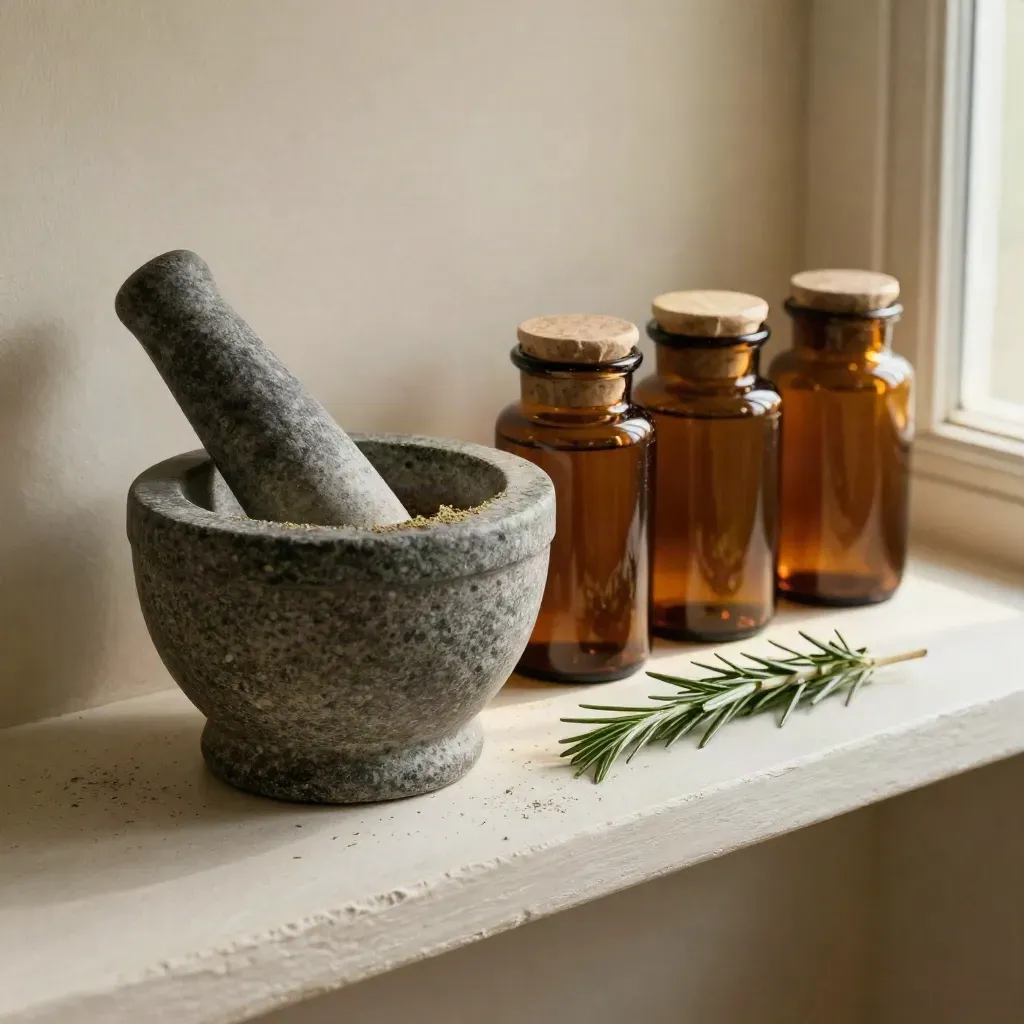 Stone mortar, amber herb jars and rosemary sprig on a plaster shelf in warm window light.