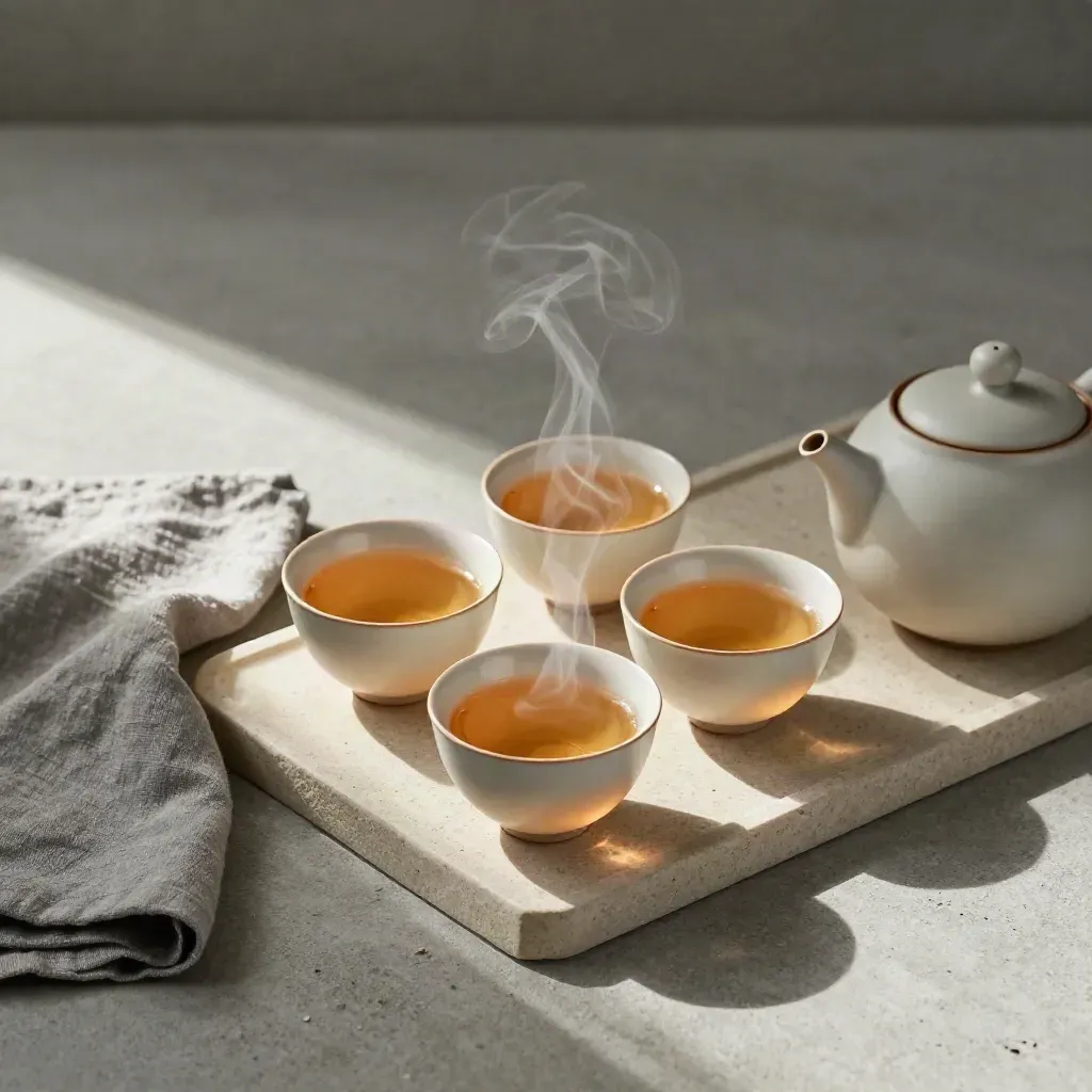 Four steaming tea cups and a teapot on a stone tray, overhead, calm herbal still life